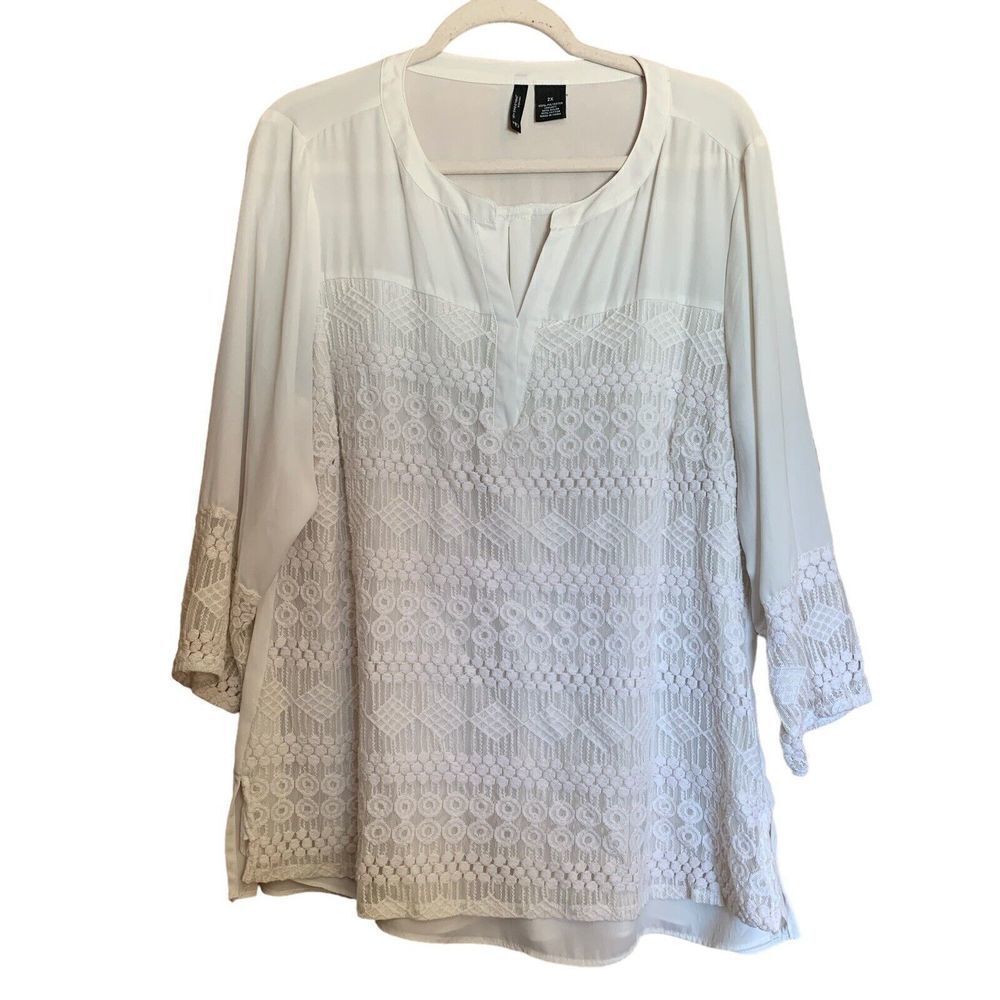 New Directions Womens Plus Size 2X Ivory Crochet Detail Split Neck Blouse Top